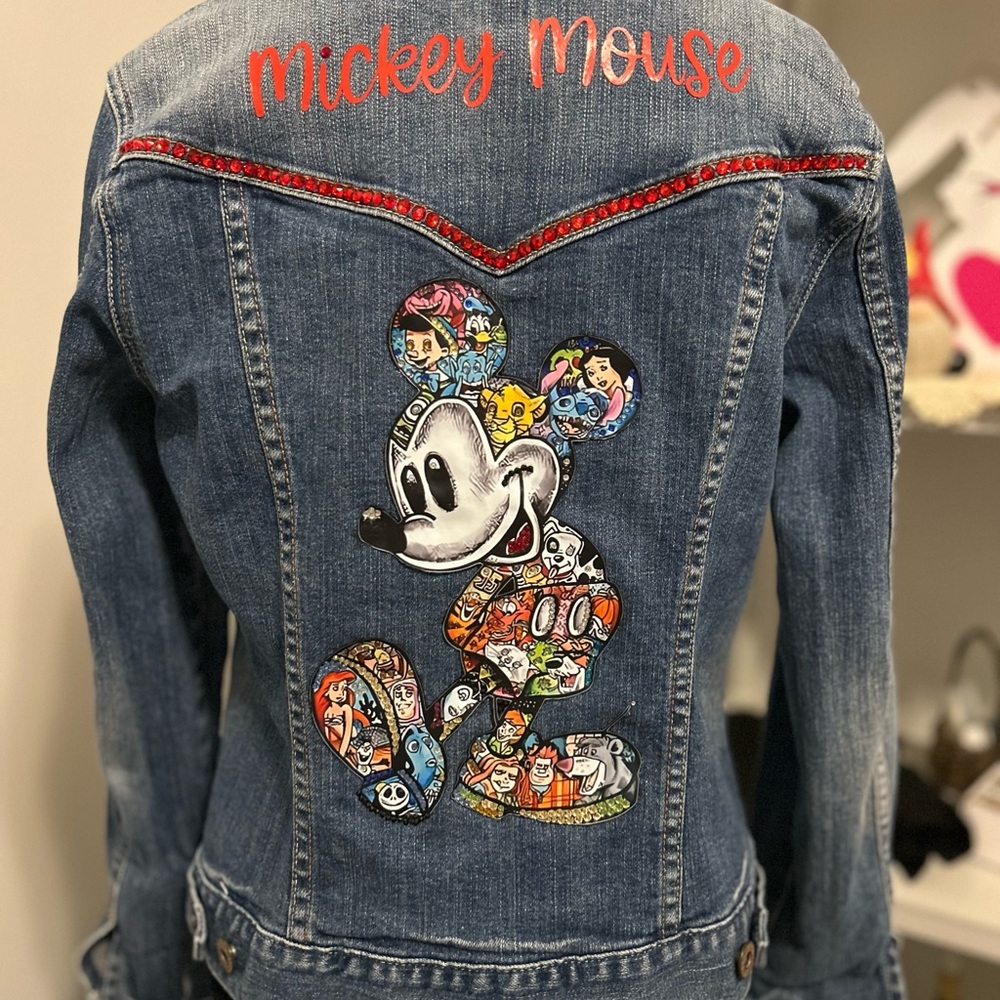 GAP Blue and Red Jean Jacket with Mickey Mouse Bedazzled Print.